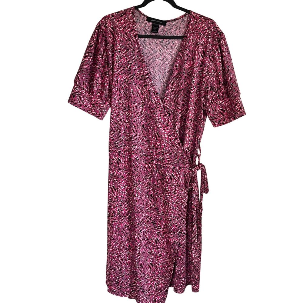 Ashley Stewart Wrap Midi Dress Sz 18/20 Short Sleeves V-Neck Pink Black Abstract